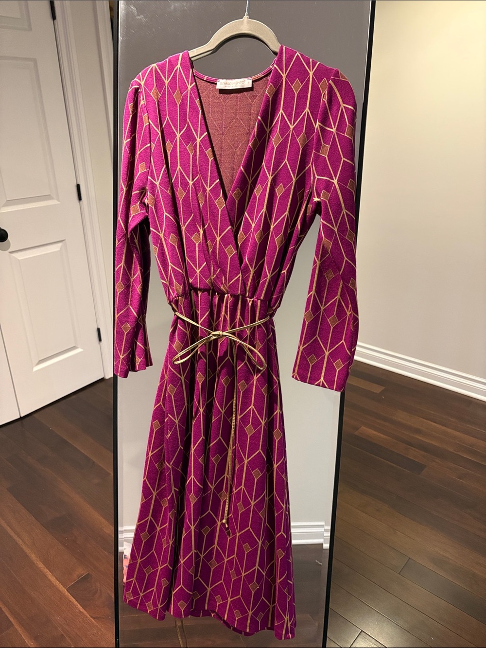 Rinascimento Magenta Geometric Wrap Maxi Dress with Gold Tie -size S